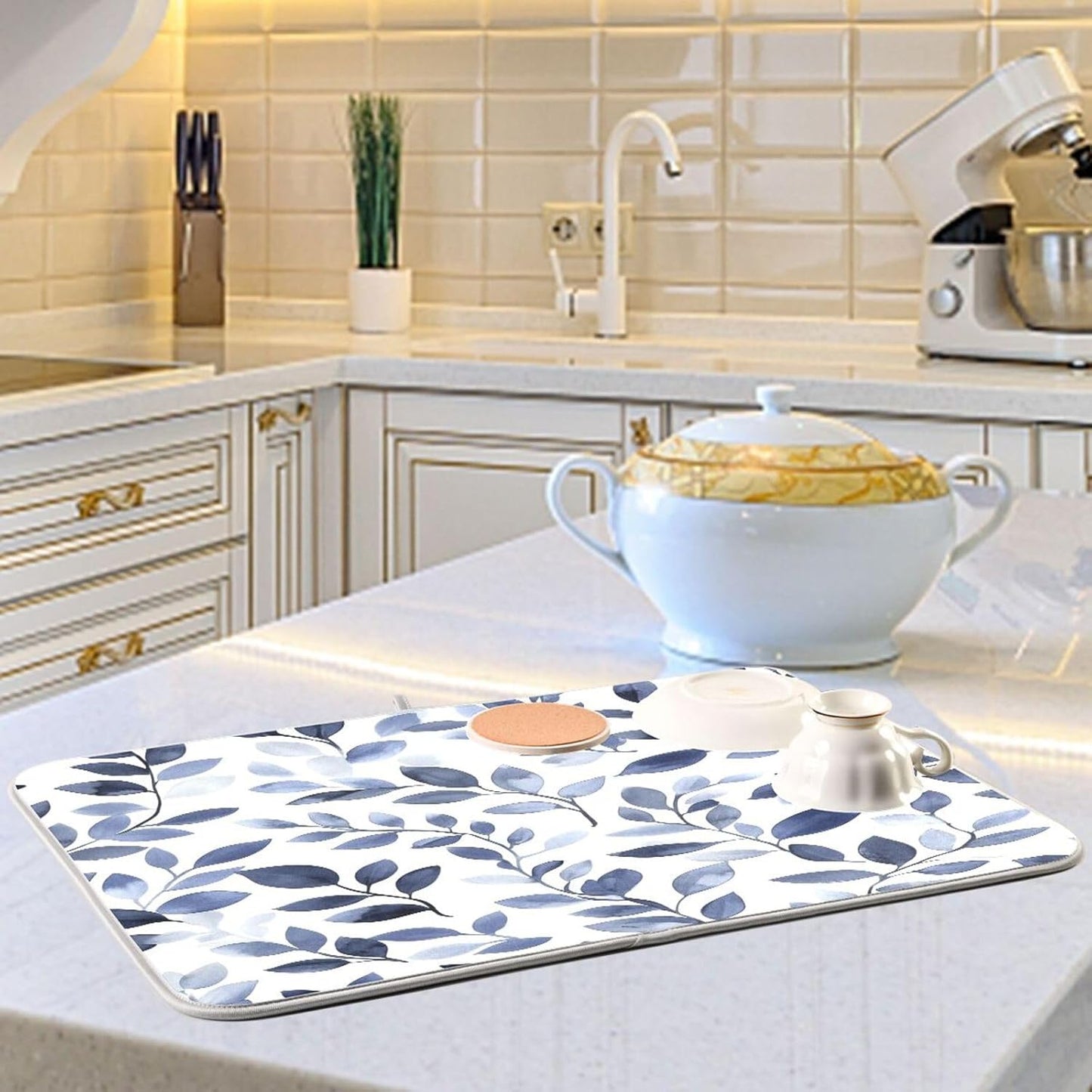 Light Gray Leaves Dish Drying Mat for Kitchen Counter Super Absorbent Dishes Pad Reversible Microfiber Protector Dish Draining Mats 18x24 inch