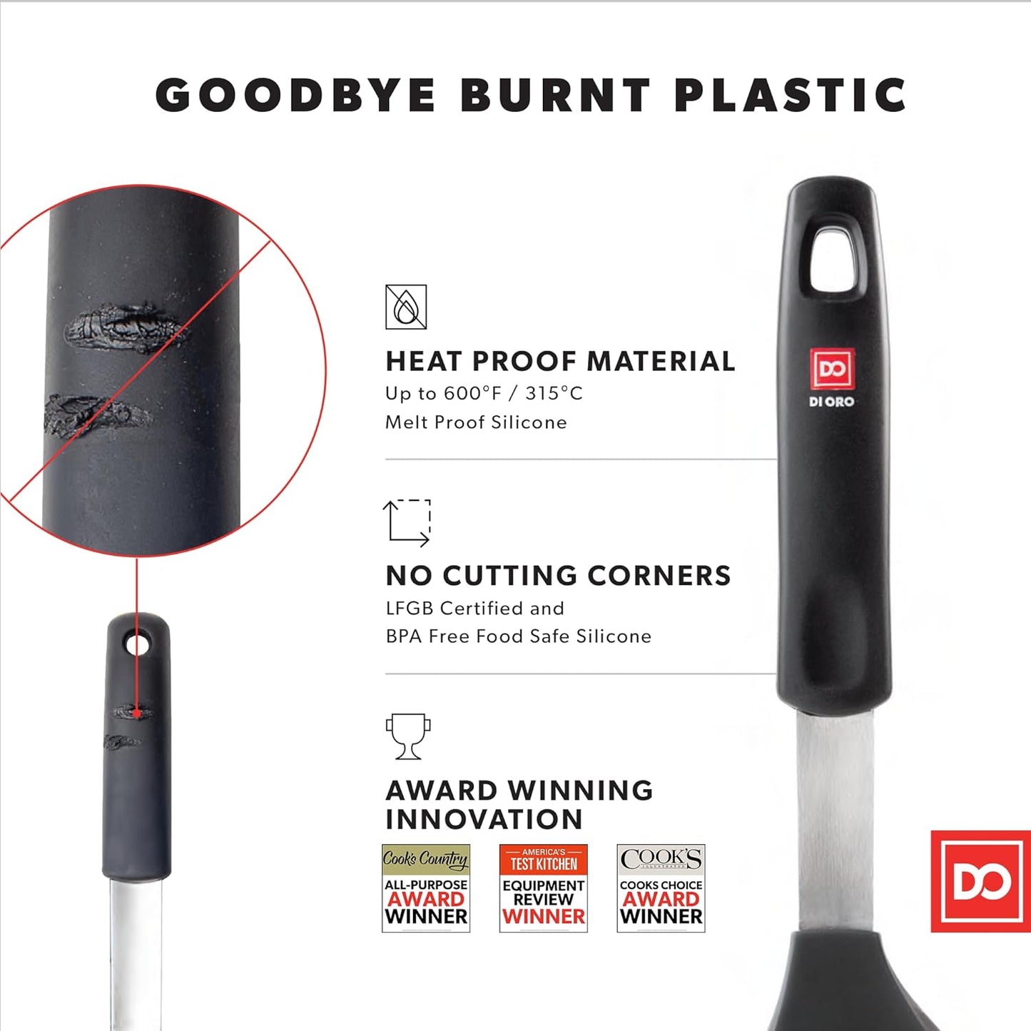 DI ORO Spatulas for Kitchen Use - Forever Warranty - 600°F Heat-Resistant Silicone - Turner Spatula Set for Cooking - BPA Free Wide Pancake Spatulas - Egg Flippers for Nonstick Cookware Safe (3pc)