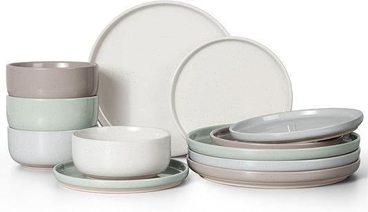 HaWare Stoneware Dinnerware Sets, 12-Piece Plates and Bowls Set for 4, Dishes Set for Home Restaurant, Speckled Multicolor