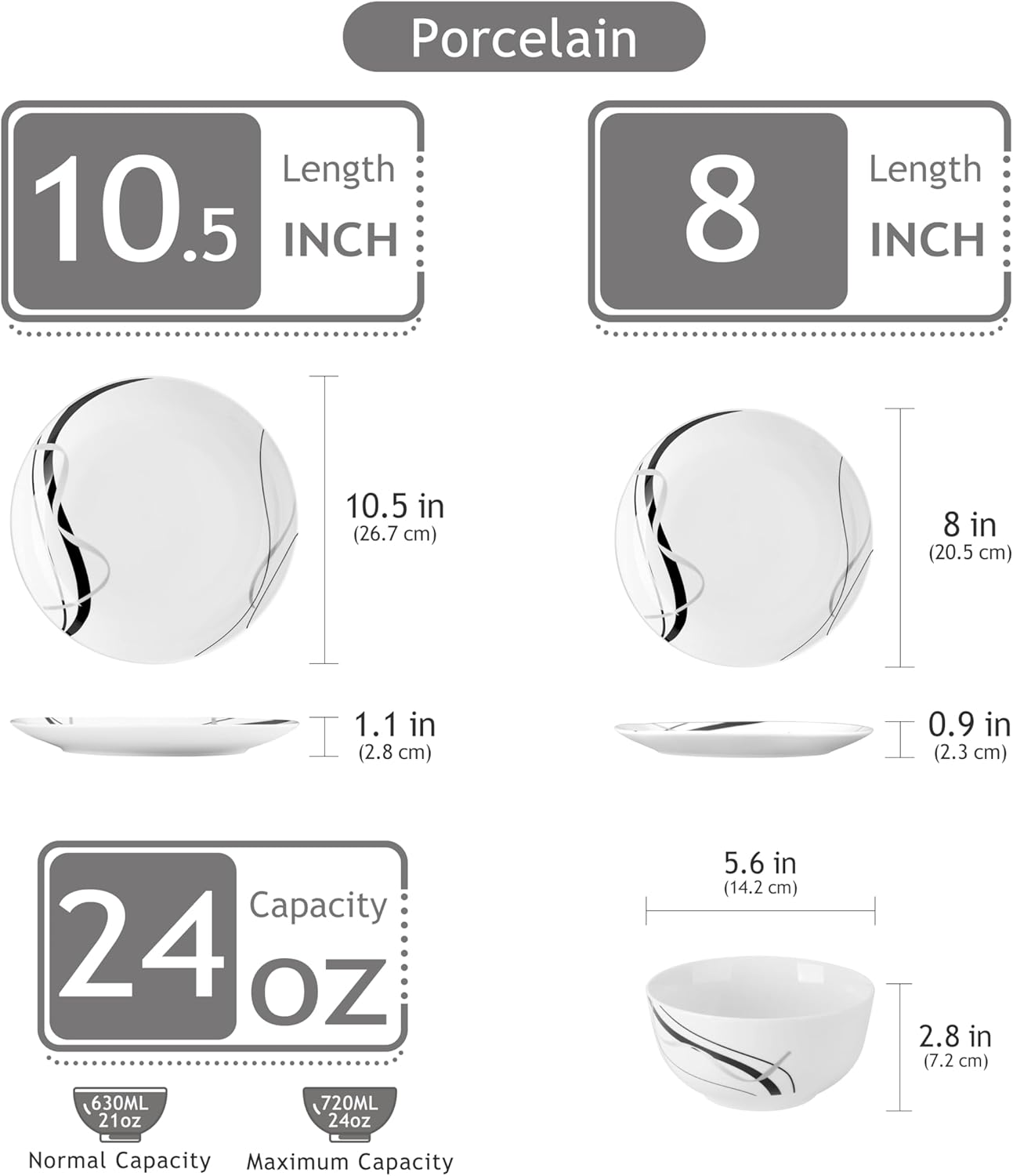 VEWEET Porcelain Dinnerware Sets for 4, 12 Pieces Plates and Bowls Set with Black and Grey Ribbon Lines, Dishes Set Dining Ware for Dinner, Microwave and Dishwasher Safe, Series FIONA