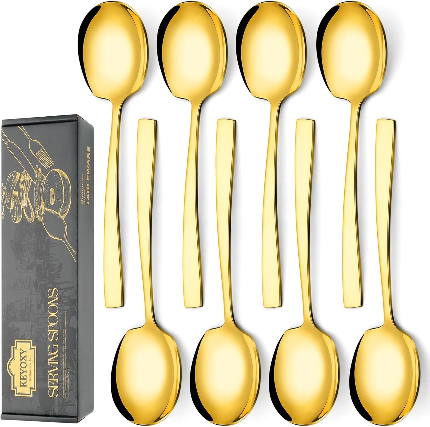 8 Piece Stainless Steel Serving Spoons Set - 8 Large Spoons, 9.2-Inch, Dishwasher Safe, for Parties/Kitchen/Buffet/Catering,Gold