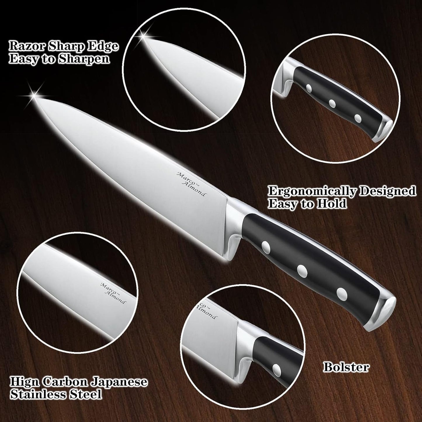 Marco Almond® Kitchen Knife Set with Block KYA31,14 Pieces Japanese Stainless Steel Cutlery Knives Block Set for Kitchen with Built-in Sharpener