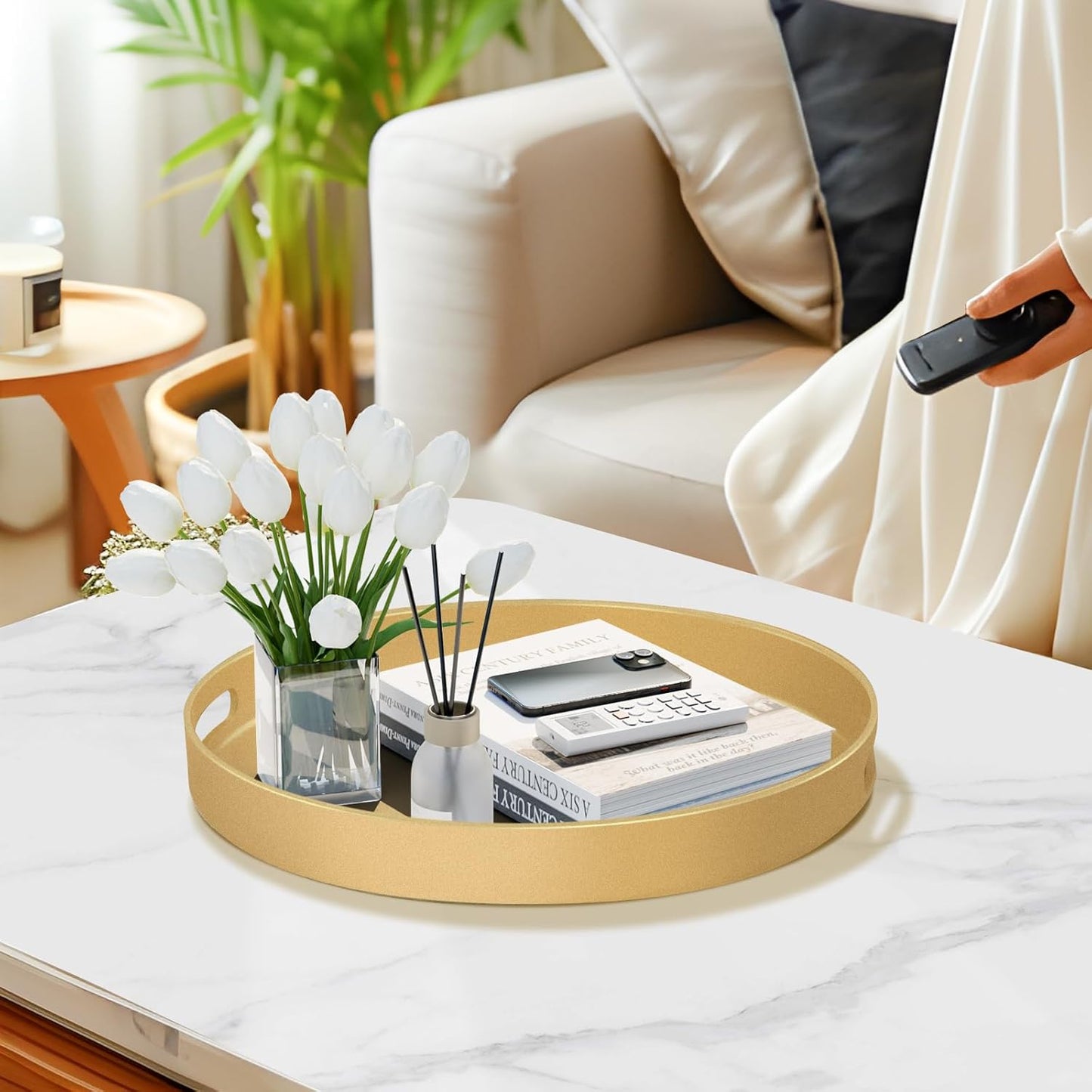 MAONAME 13" Gold Round Decorative Tray for Coffee Table, Modern Serving Tray with Handles, Plastic Ottoman Trays, Bathroom Decor
