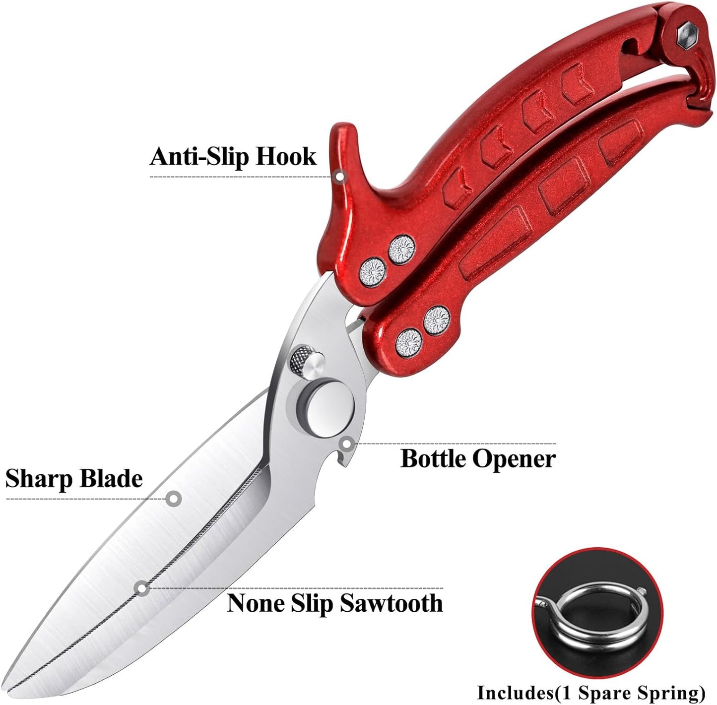 Heavy Duty Kitchen Shears, Detachable Poultry Shears with Serrated Edge, Spring-Loaded Stainless Steel Chef Scissors Cutting Bone, Chicken, Fish, Food, Meat, Burgundy Full Steel Handle