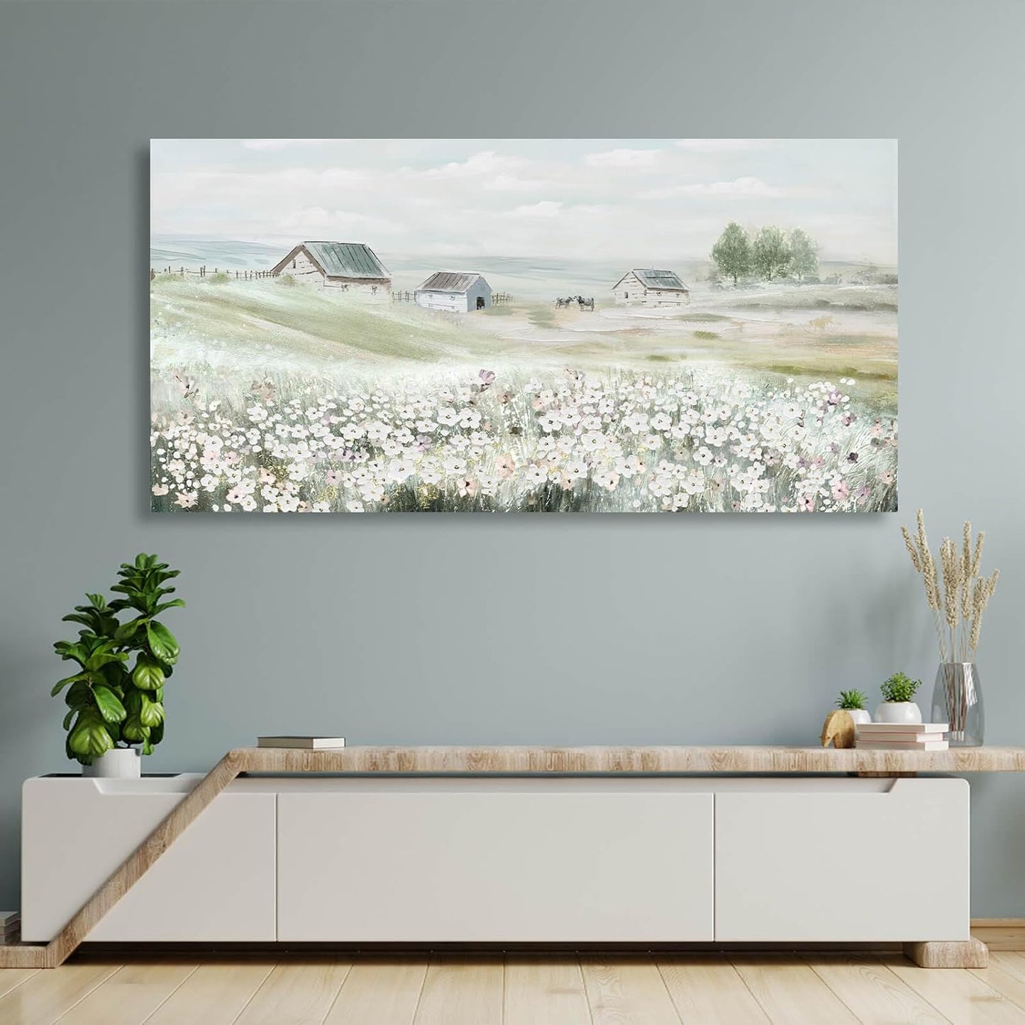 VAYIMDH Farmhouse Wall Art White Flowers Painting Rustic Scenery Green Pictures Wall Decor 24"x 48" Meadow Prints for Living Room Dining Room Bedroom Aesthetic