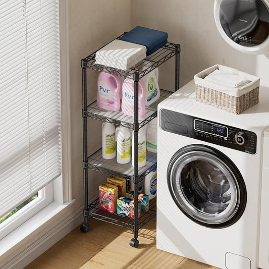 SINGAYE 4 Small Shelves Storage Shelf Wire Shelving Unit Metal Shelf Adjustable Organizers Storage Shelving with Wheels for Bathroom Laundry Room Kitchen Pantry11.5”D x 17.3”W x 44.5”H Black