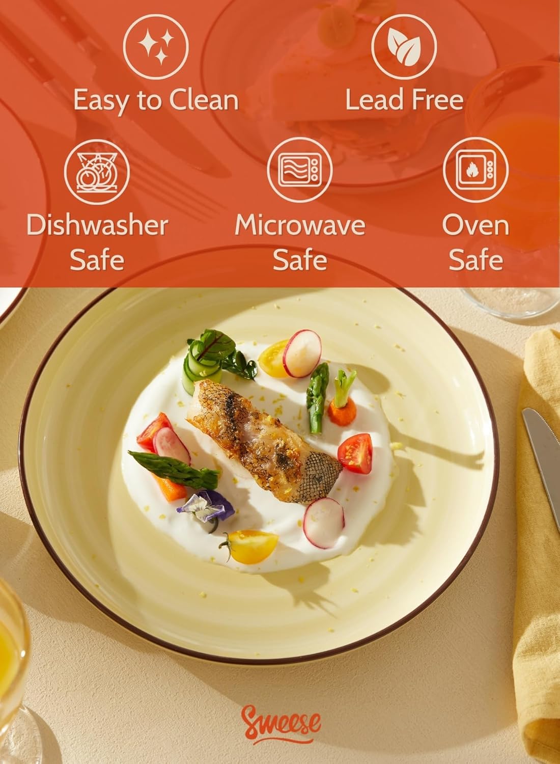 Sweese 10 Inch Porcelain Dinner Plates Set of 6 - Round Green Dishes for Main Courses, Salad, Microwave Dishwasher Safe