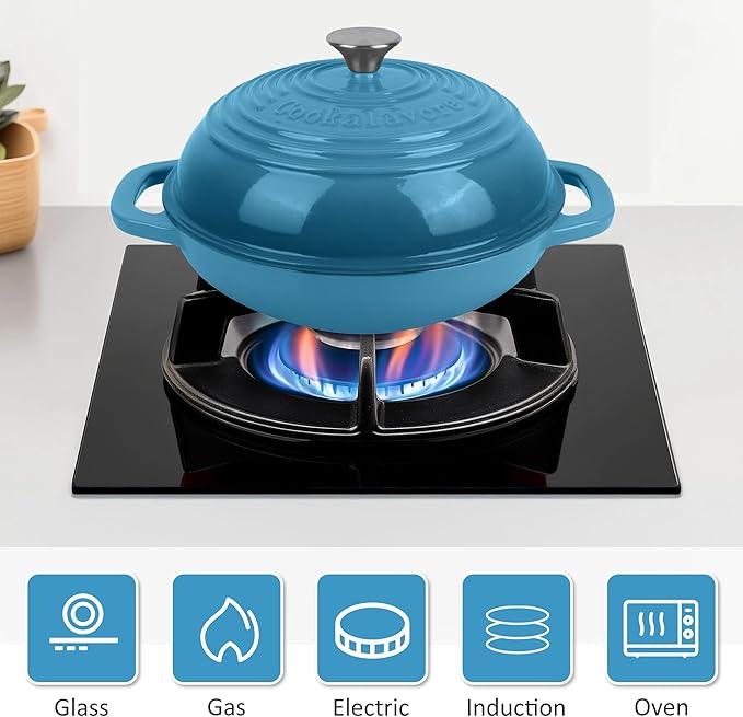 Premium Enameled Cast Iron Dutch Oven for Bread Baking | Non-Stick 2QT Oval Bread Oven with Lid | Perfect for Sourdough, Loaf, and Artisan Baking (Round Blue, 5 QT)