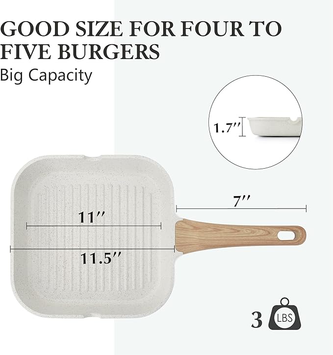 SENSARTE Nonstick Ceramic Grill Pan for Stove Tops, Versatile Square Grilling Pan with Pour Spouts, Durable Grill Skillet for All Stoves, Steak Bacon Pan, Non Toxic-PTFE,PFAS,PFOA Free, 11 Inch