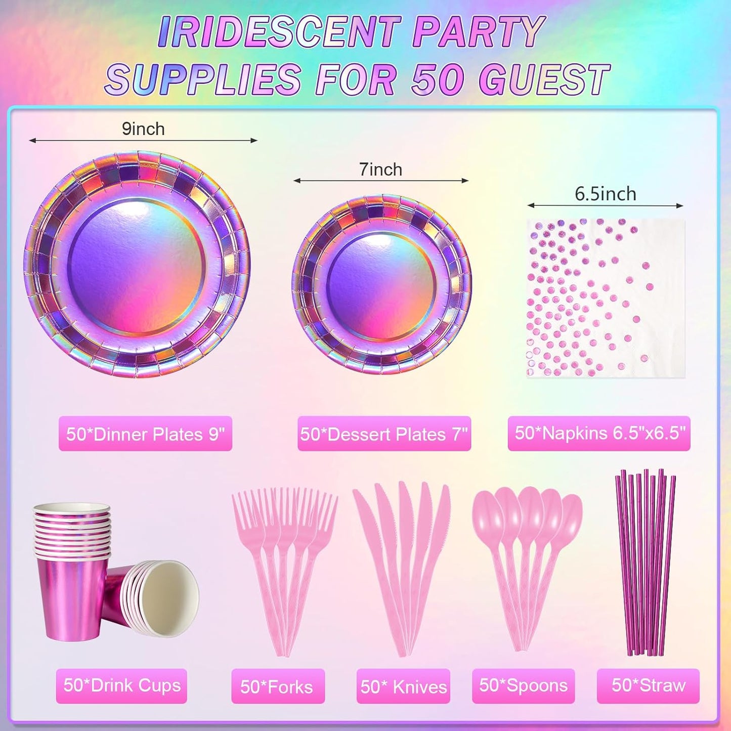 Iridescent Pink Party Supplies Decorations Serve 50, Hot Pink Holographic Paper Plates and Napkins Set, Disposable Pink Paper Plates Cups Knives Spoons Fork for Mermaid Disco Birthday Graduation Party