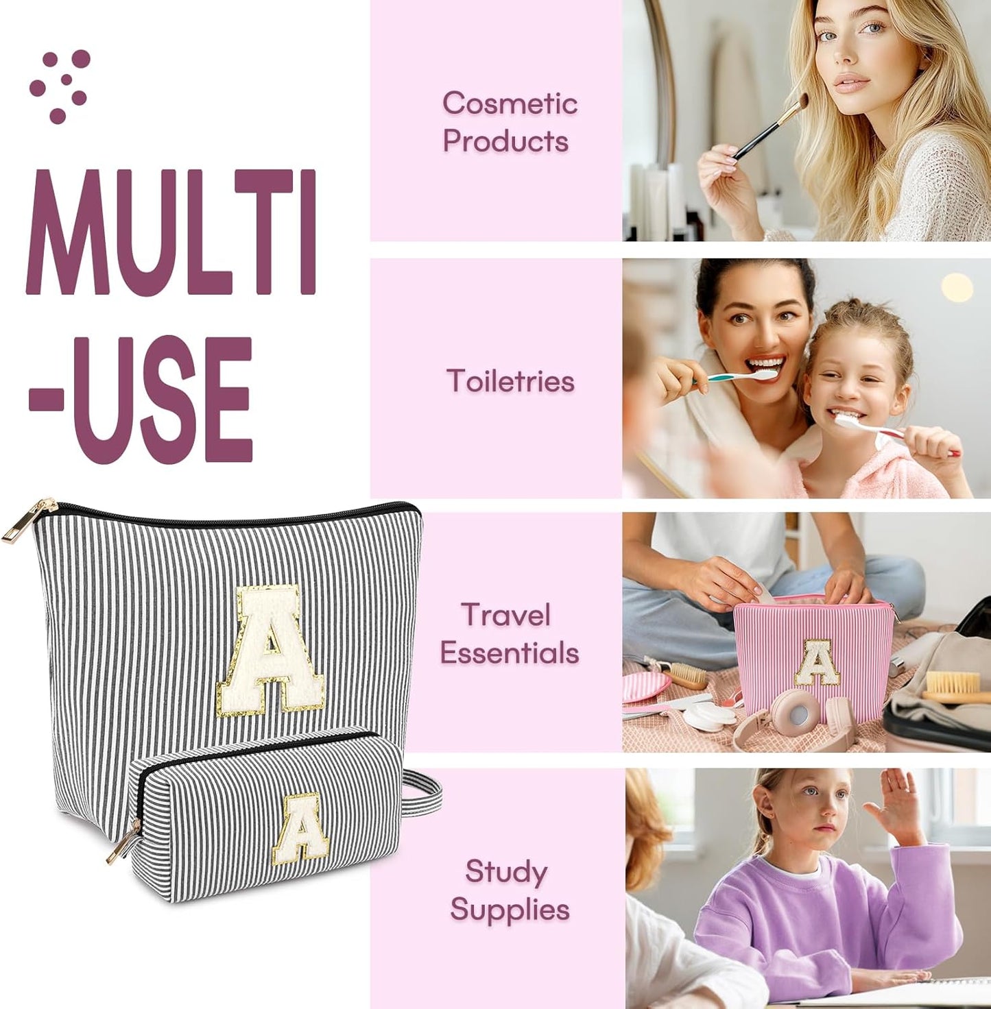 2 PCS Initial Makeup Bags for Women: Cosmetic Bag for Travel Toiletry - Birthday Gifts for 11 12 13 14 15 16 17 18 Years Old Girl Graduation Teacher Gift- Teen Girl Gifts Trendy Stuff - Black A