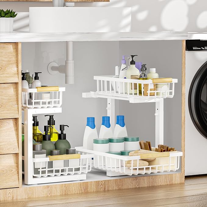 2Pcs Under Sink Organizer, Adjustable Under Sink Organizers and Storage, 2-Tier Pull Out Under Kitchen Sink Organizer, Sliding Out Metal Under Bathroom Sink Organizer for Kitchen Pantry White