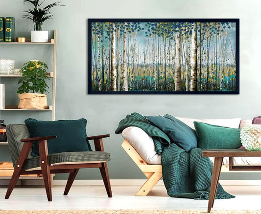 Pogusmavi Large Framed Birch Tree Canvas Wall Art Nature Painting for Home Decor | Teal Artwork for Living Room, Bedroom, and Office Pictures for Living Room 29×58IN