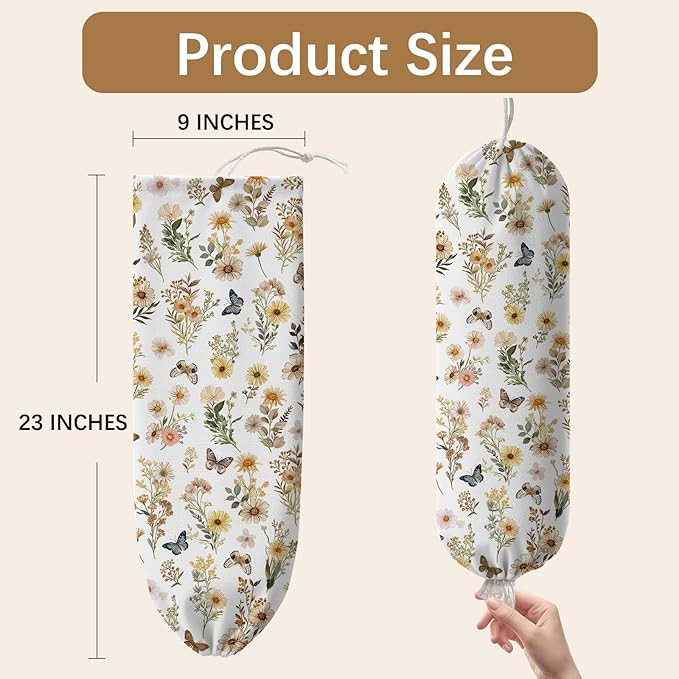 Plastic Bag Holder Butterfly Floral Bag Holder Dispenser, Plastic Grocery Bag Organizer & Wall Mount Paper Trash Bags Saver Storage for Kitchen Home Pantry Decor, Shopping Bags Storage Dispenser