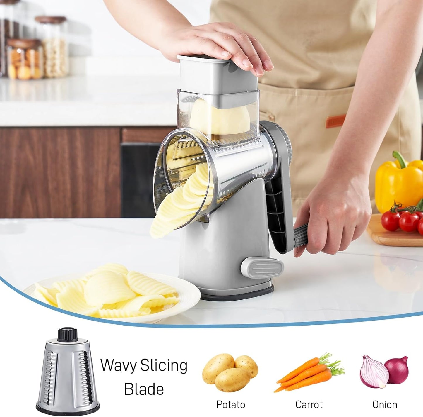 VEKAYA Cheese Grater, Cheese Grater Hand Crank, 4 Interchangeable Blades Cheese Shredder, Vegetable Slicer, Non-slip Suction Base, Easy to Clean Rotary Grater with Handle (Grey)