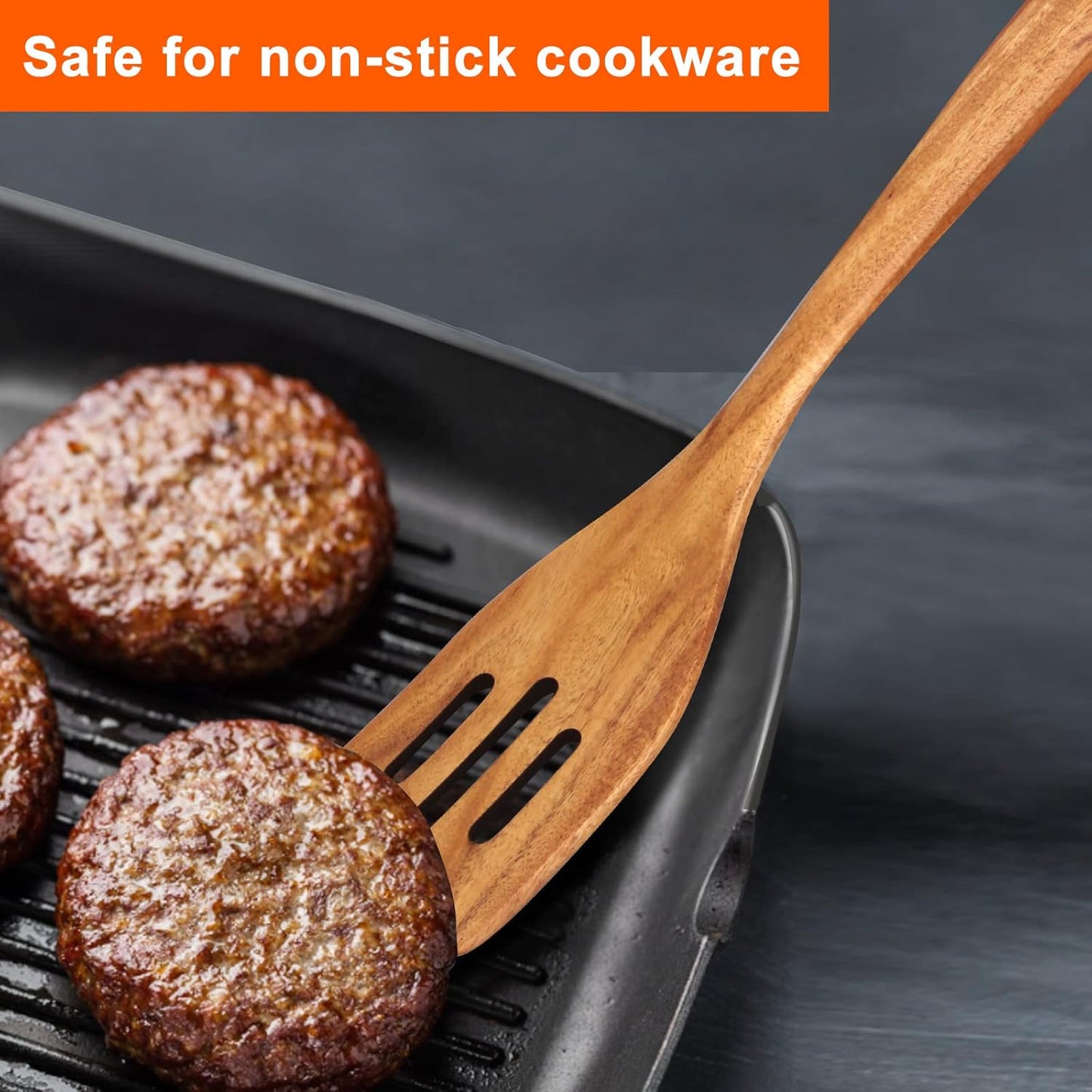 4-Piece 14" Large Acacia Wood Utensils Set for Cooking Spatula Wooden Kitchen Utensil Non Toxic Spoon Slotted Turner Best Long Spatula for Kitchen Use Tools Cooking Utensils Mixing Serving Spoons