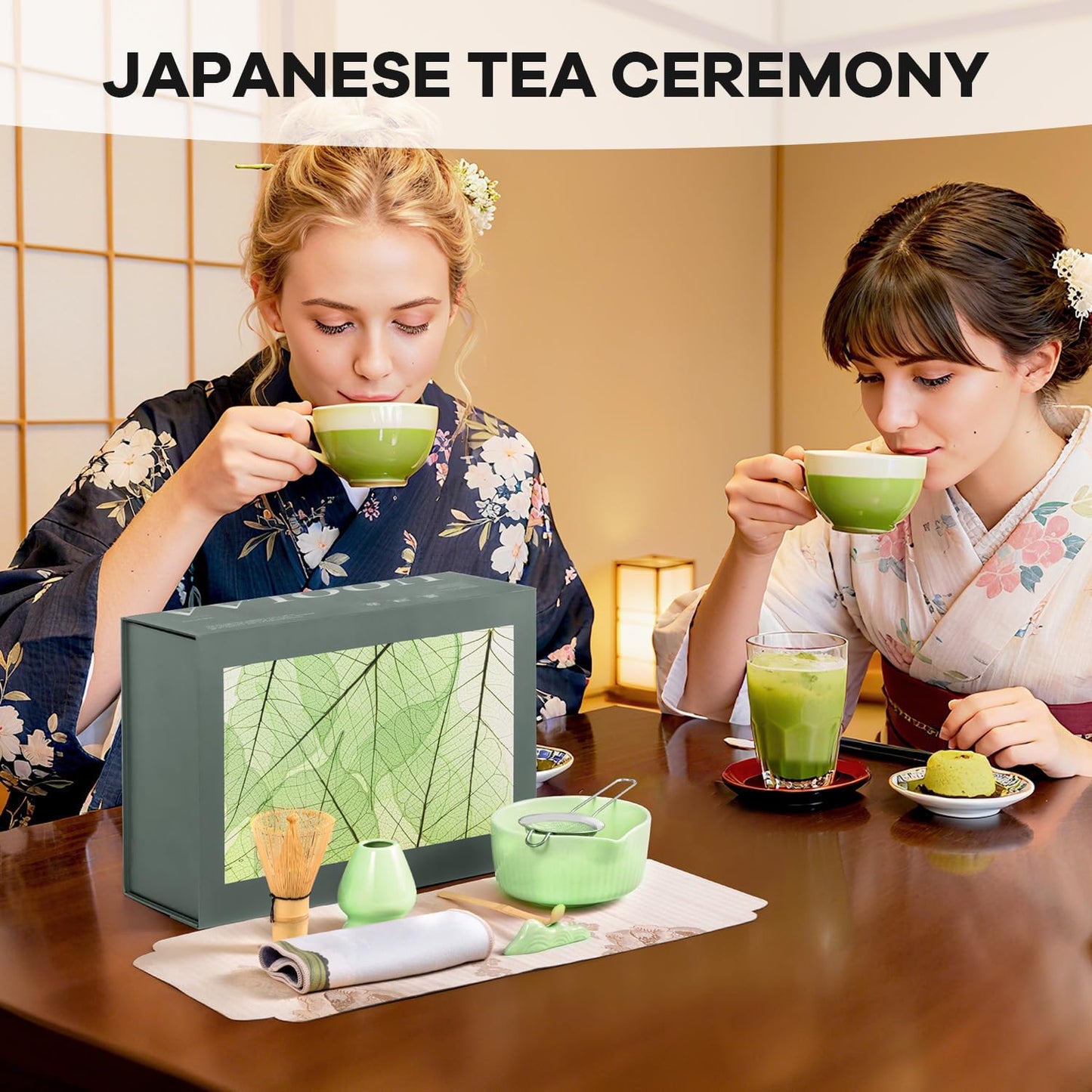 Traditional Matcha Tea Set, 8-Piece Ceremonial Kit with Ceramic Bowl, Bamboo Whisk, Holder, Scoop, Rest and Sifter-Green