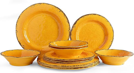 LEHAHA Melamine Dinnerware Sets, Outdoor Use Harvest Dinner Plates and Bowls Sets, Great for RVs Camping, Light Weight and Unbreakable 12 Piece Dishes Dinnerware Set for 4, (Gold)