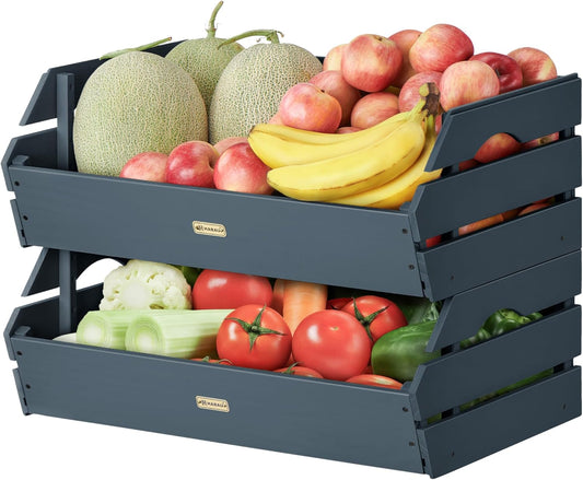 HABAU Wood Potato Onion Storage Bins - Wooden Stackable Produce Basket - Fruit Vegetable Storage for Kitchen Pantry Organization, Set 2 Pieces