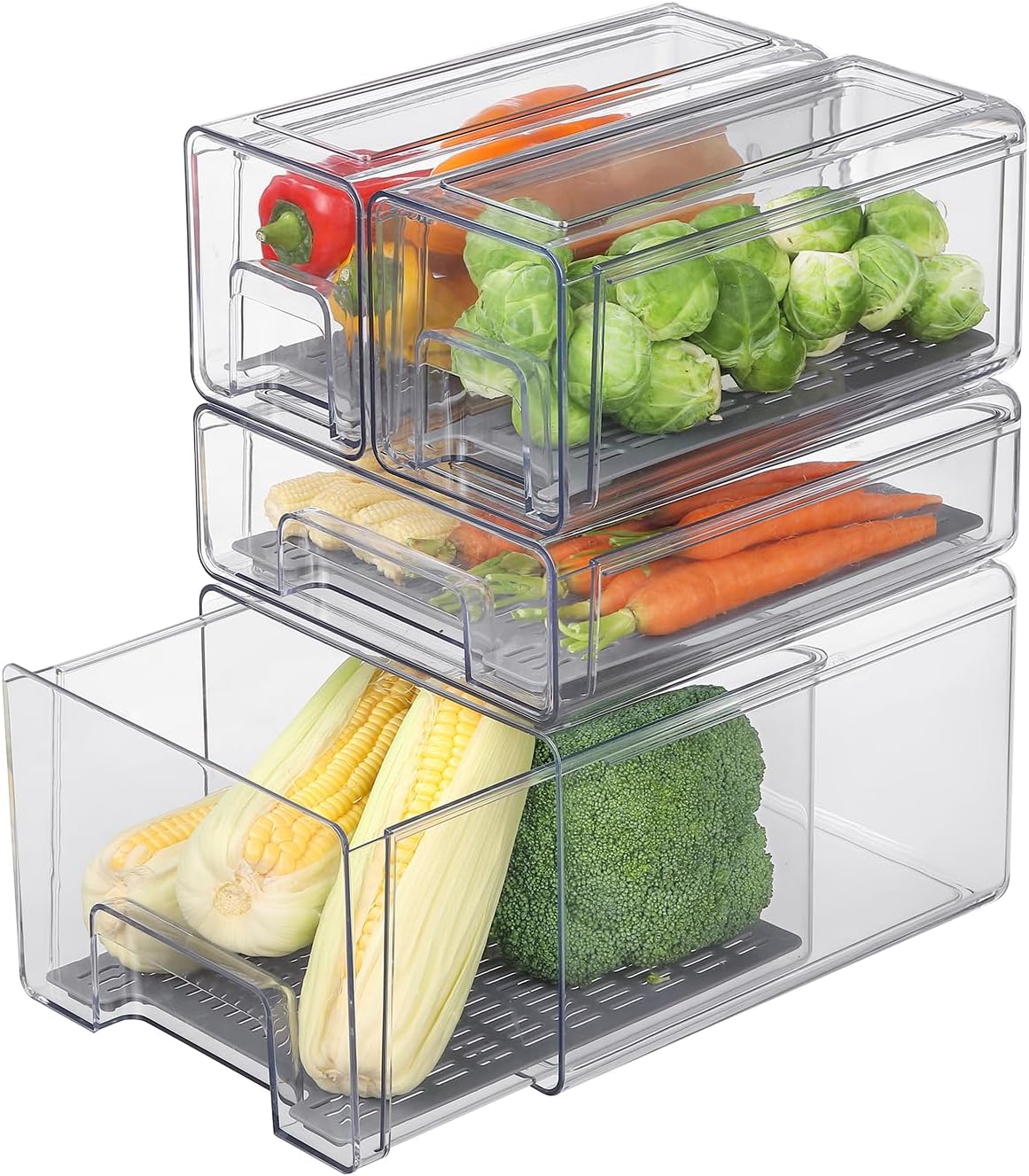 Plastic Clear Fridge Storage Organizer with Drawers & Drainer - Stackable Bins for Kitchen Fruit & Veggie Organization (Complete Set)
