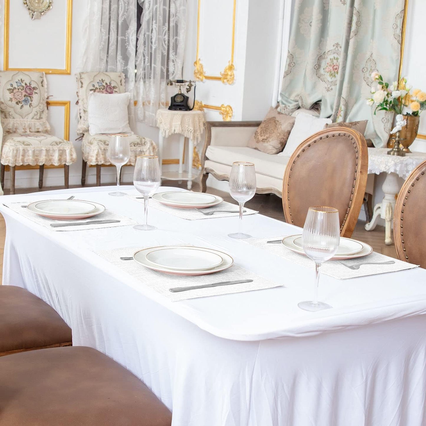 Cloth White Placemats Set of 8, Linen Type Fabric Placemats Machine Washable Heat Resistant Placemats Polyester Place Mats for Halloween, Thanksgiving and Christmas Dining Table (White)