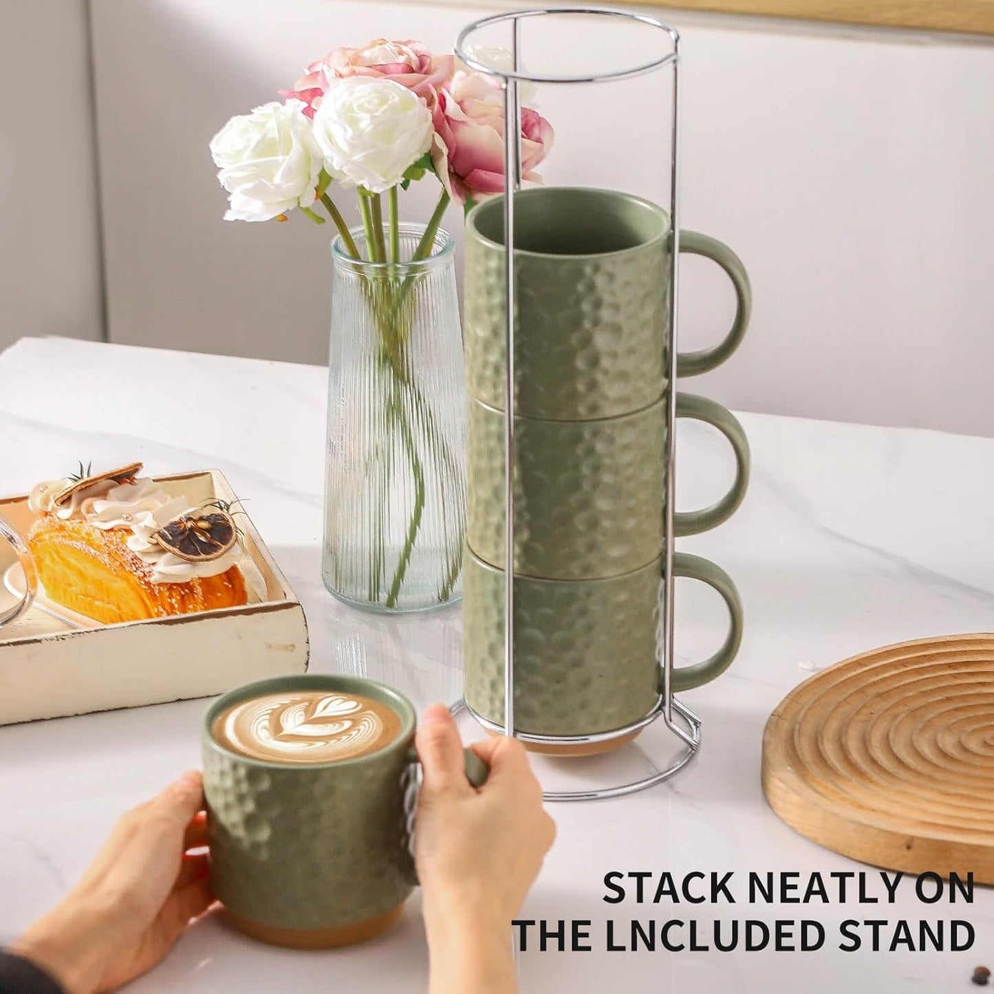 Nihow Ceramic Coffee Mug Set of 4, 16OZ Stackable Coffee Mug Set with Stainless Stand,Large Cup Set for Cappuccino,Tea,Hot/Cold Drinks,Dishwasher & Microwave Safe,Matte Green