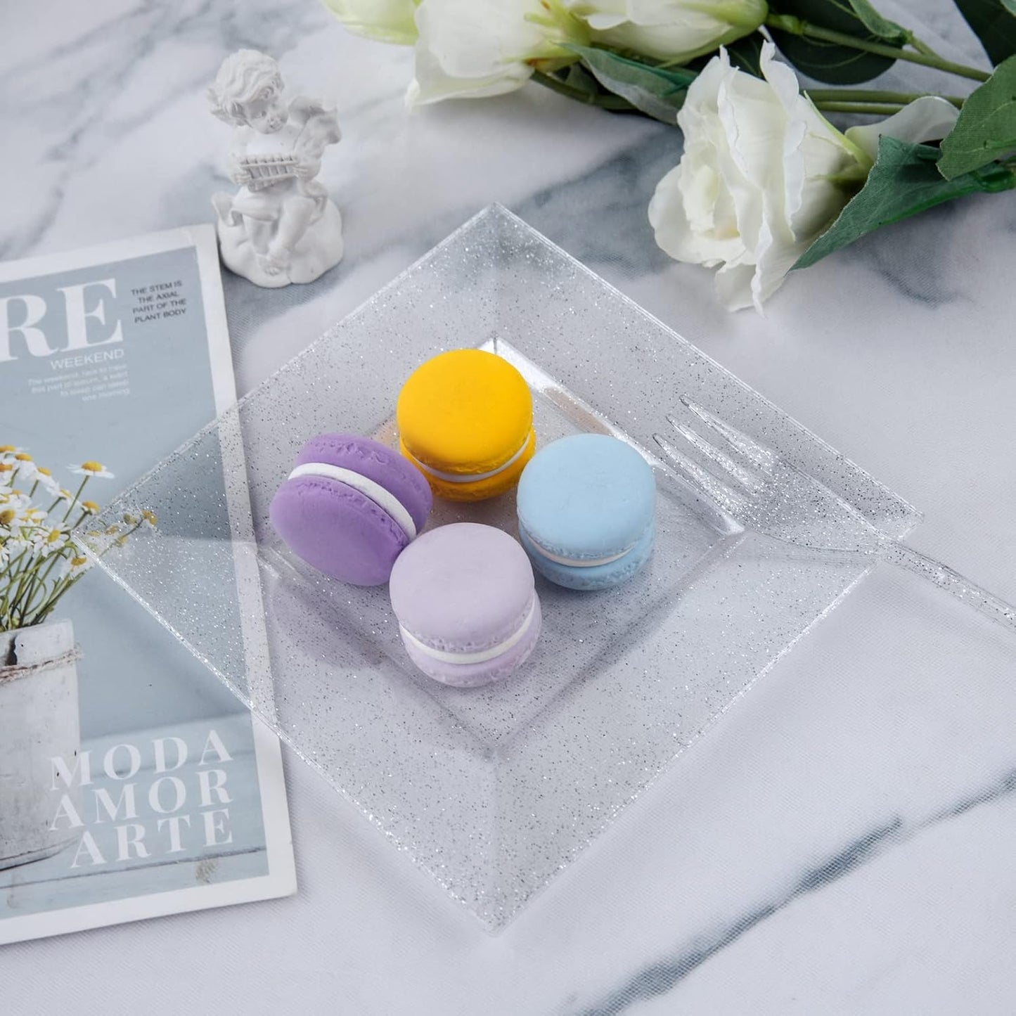 DaYammi 100 Pcs Plastic Dessert Plates 6" with 100 Pcs Plastic Forks 5.7"- Silver Glitter Disposable Square Plate Fancy Salad Plate Appetizer Plates and Silver Forks Combo Bulk Set for Wedding Party