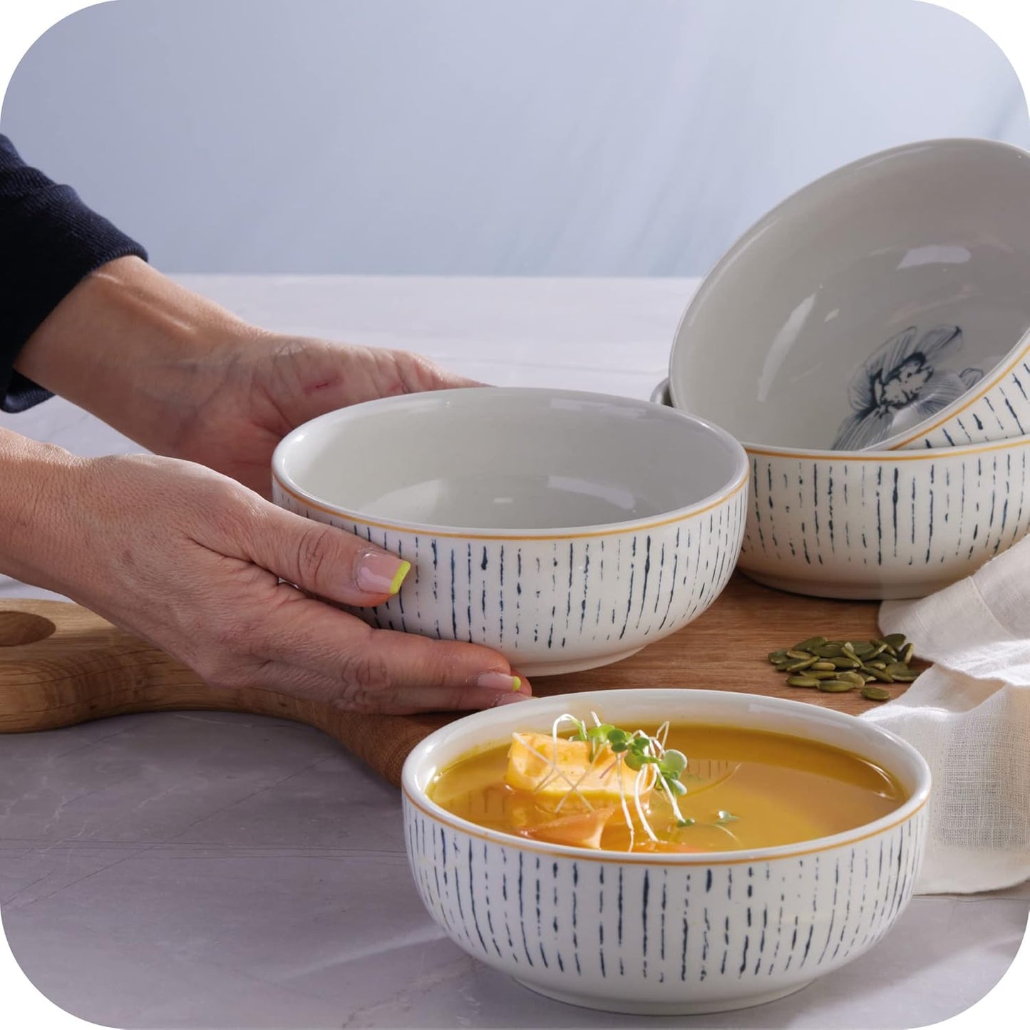 Corona 4 dinnerware Bowls Set | Cattleya 21oz | Service for 4 | Ceramic | Floral design | Set 4 Bowls | Cerámica