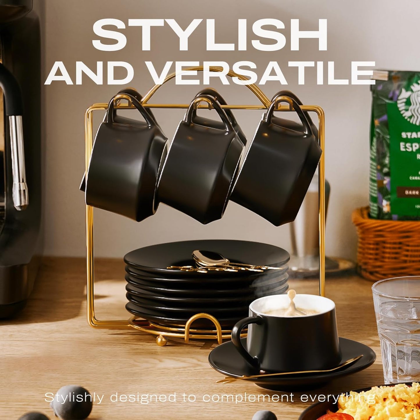 Lareina 3-Ounce Porcelain Espresso Cups Set of 6, Stackable Coffee Cups with Saucers, Spoons and Metal Stand, Ceramic Demitasse Mugs, Espresso Accessories for Machine, Black