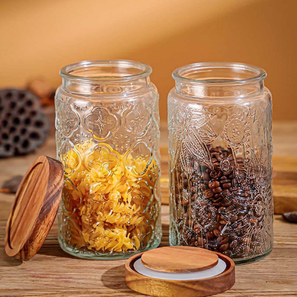 ANSQU Vintage Glass Storage Jar, Glass Canister Storage Jar Container with Airtight Wooden Lid for Kitchen Counter, Pantry, Coffee, Tea, Sugar, Cookie Jars (Round-Begonia)