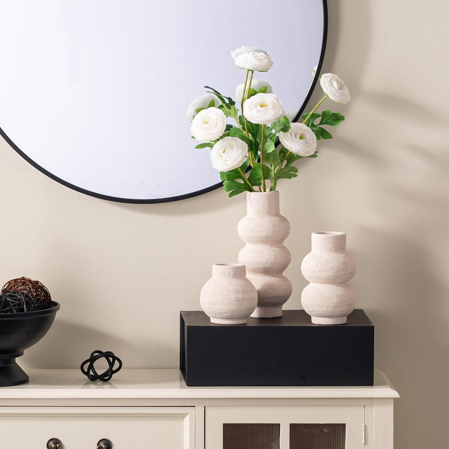 Ceramic Vase Home Table Decor - White Flower Vase Set of 3 Living Room Kitchen Decorations Farmhouse Modern Rustic Vases Decorative Centerpiece for Shelf Bedroom Office Bathroom Dining Coffee Desk