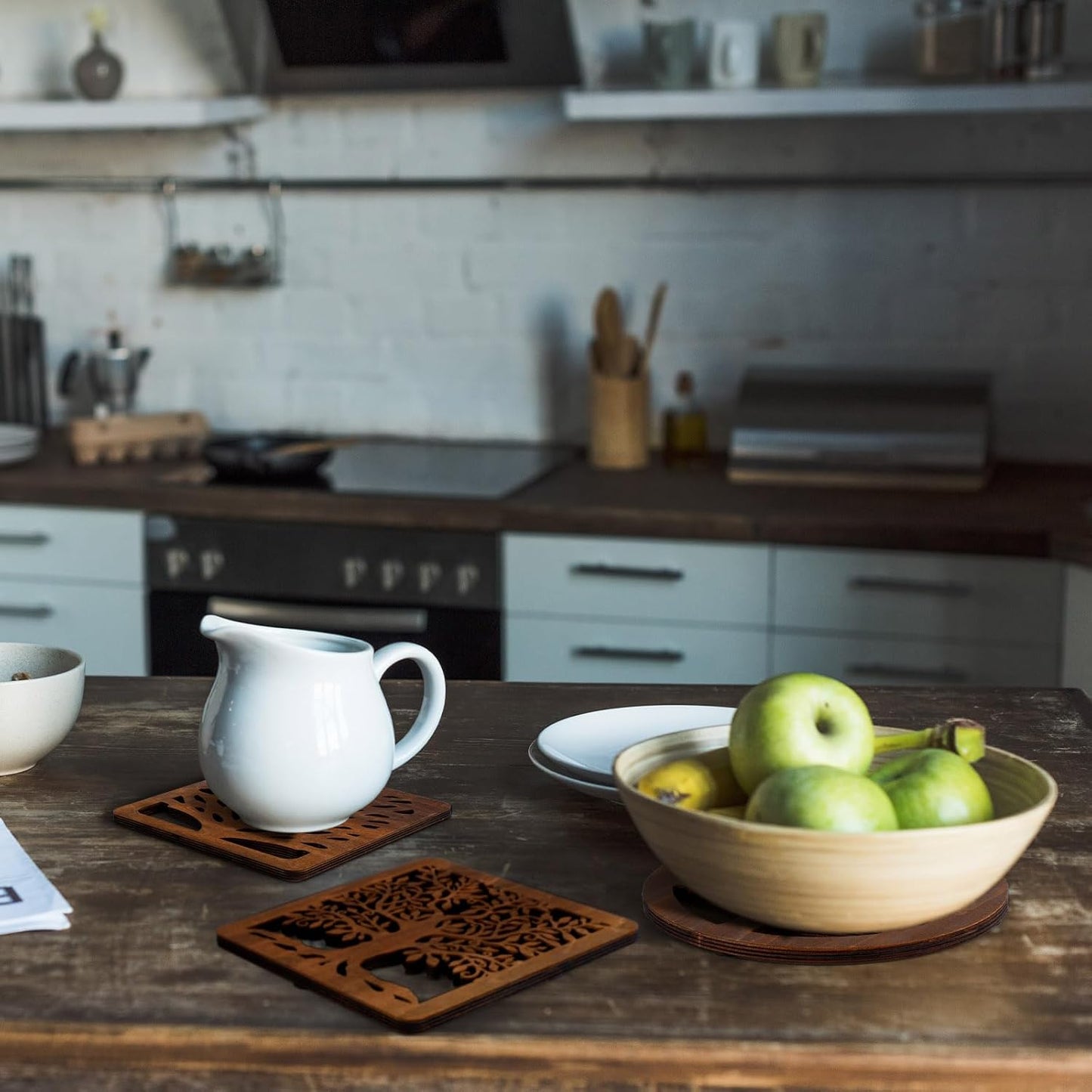 5 Pcs Life Tree Wooden Trivets with Storage Rack Hot Pads Trivets for Hot Dishes Pots and Pans Heat Resistant Mat Set Tea Pot Holders for Kitchen Dining Table(Dark Wood)