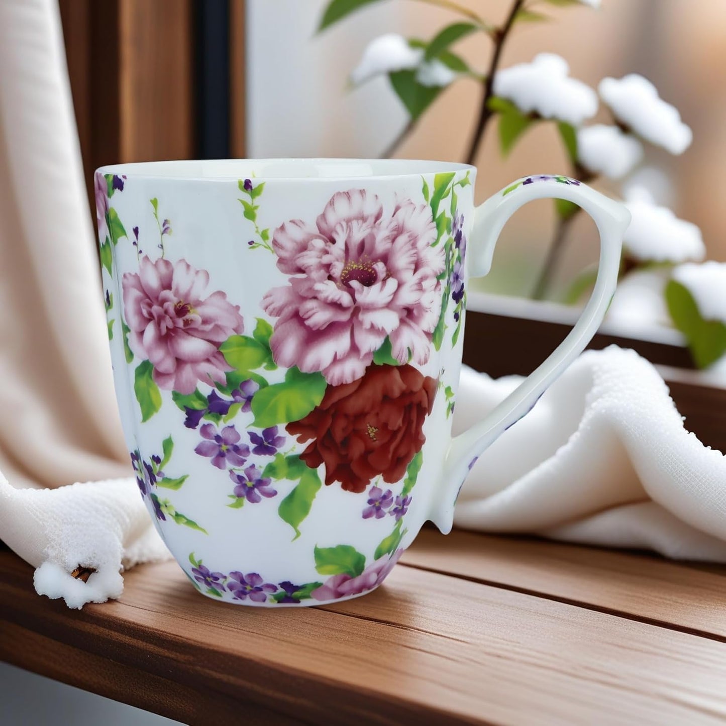 14oz Cute Coffee Mugs for Women Cute Mugs Bone China Floral Coffee Mug Teacups for Mom Women Birthday Gifts Christmas Gifts (white background floral)