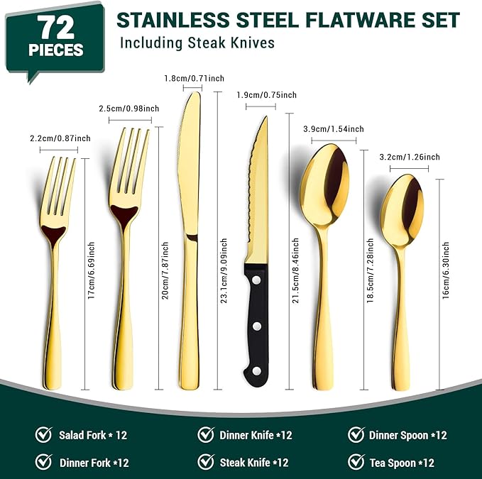 BEWOS 72-Pieces Gold Silverware Set for 12 - Stainless Steel Flatware Set with Mirror Polish, Gold Silverware Set Including Steak Knives, Forks and Spoons, Dishwasher Safe for Restaurant