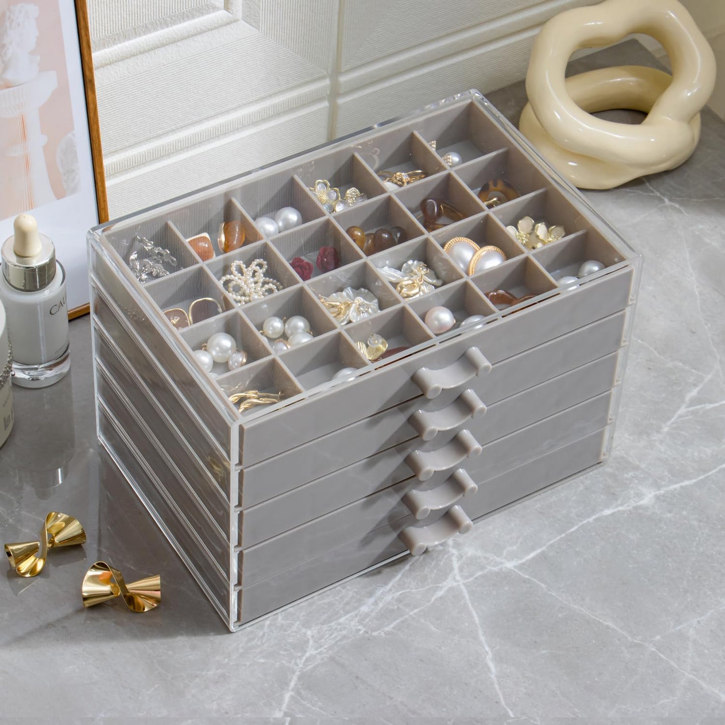 Earring Storage Box Organizer, Acrylic Jewelry Storage Box Holder 5 Drawers Transparent Jewelry Display Stand with 120 Small Compartments Gift Boxes for Women Girls (Gray)