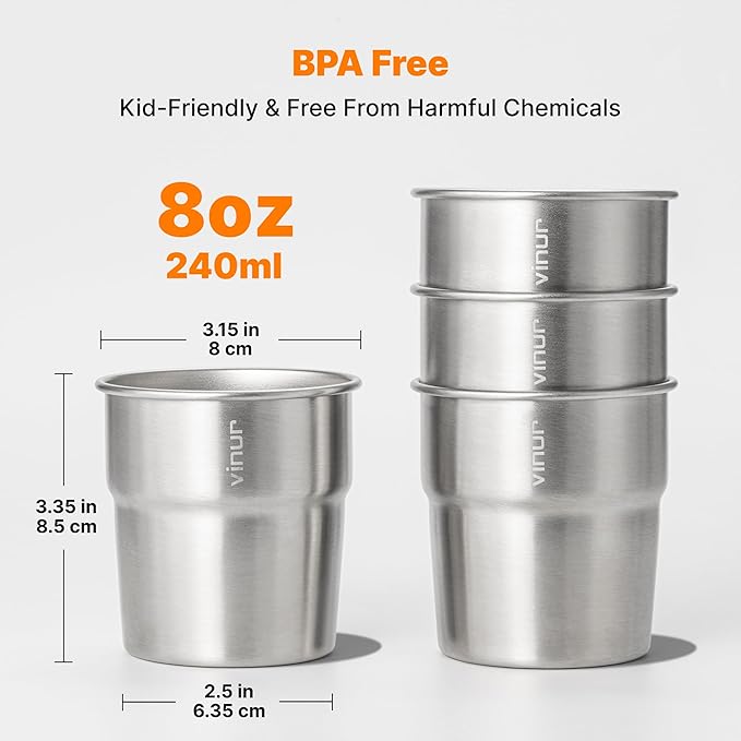 VINUR 4 Pack Stainless Steel Cups 8 oz Pint Tumbler Stackable Metal Drinking Glasses for Travel, Camping, Outdoors (Silver)
