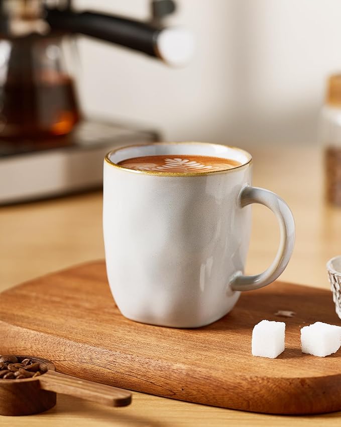 famiware Coffee Mugs Set of 4, Ocean Square 13oz Coffee Cup Set with Handle for Cocoa, Milk, Hot Chocolate, Stoneware Cups for Kitchen, Reactive Glaze, Microwave and Dishwasher Safe, Cappuccino White