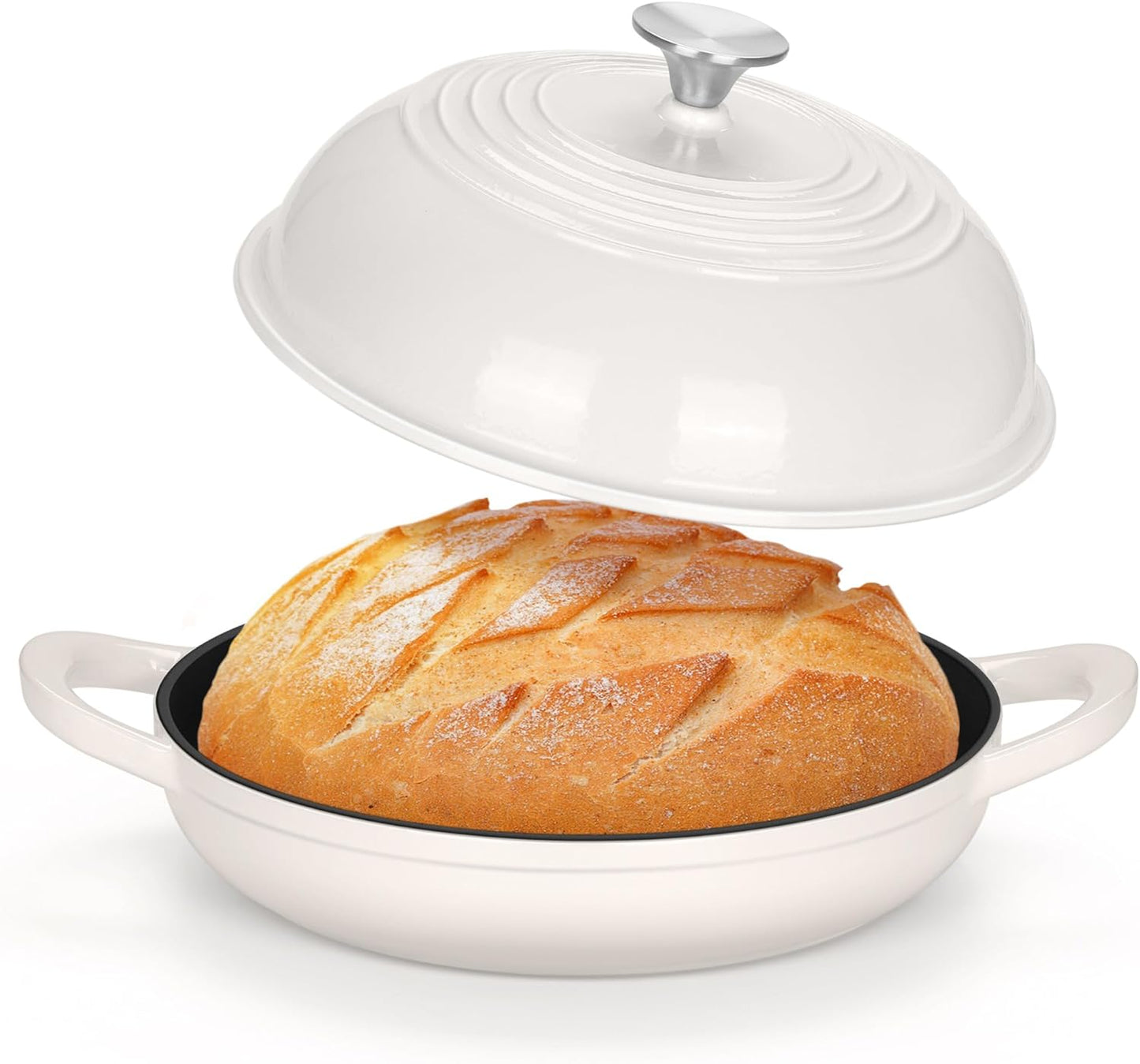 TeamFar Cast Iron Bread Dutch Oven, 6 Qt Enameled Dutch Oven Pot for Sourdough Bread Baking, with Tall Dome Lid & Round Base Pan, Self-Basting & Even-Heating, Heavy-Duty & Non-stick, White