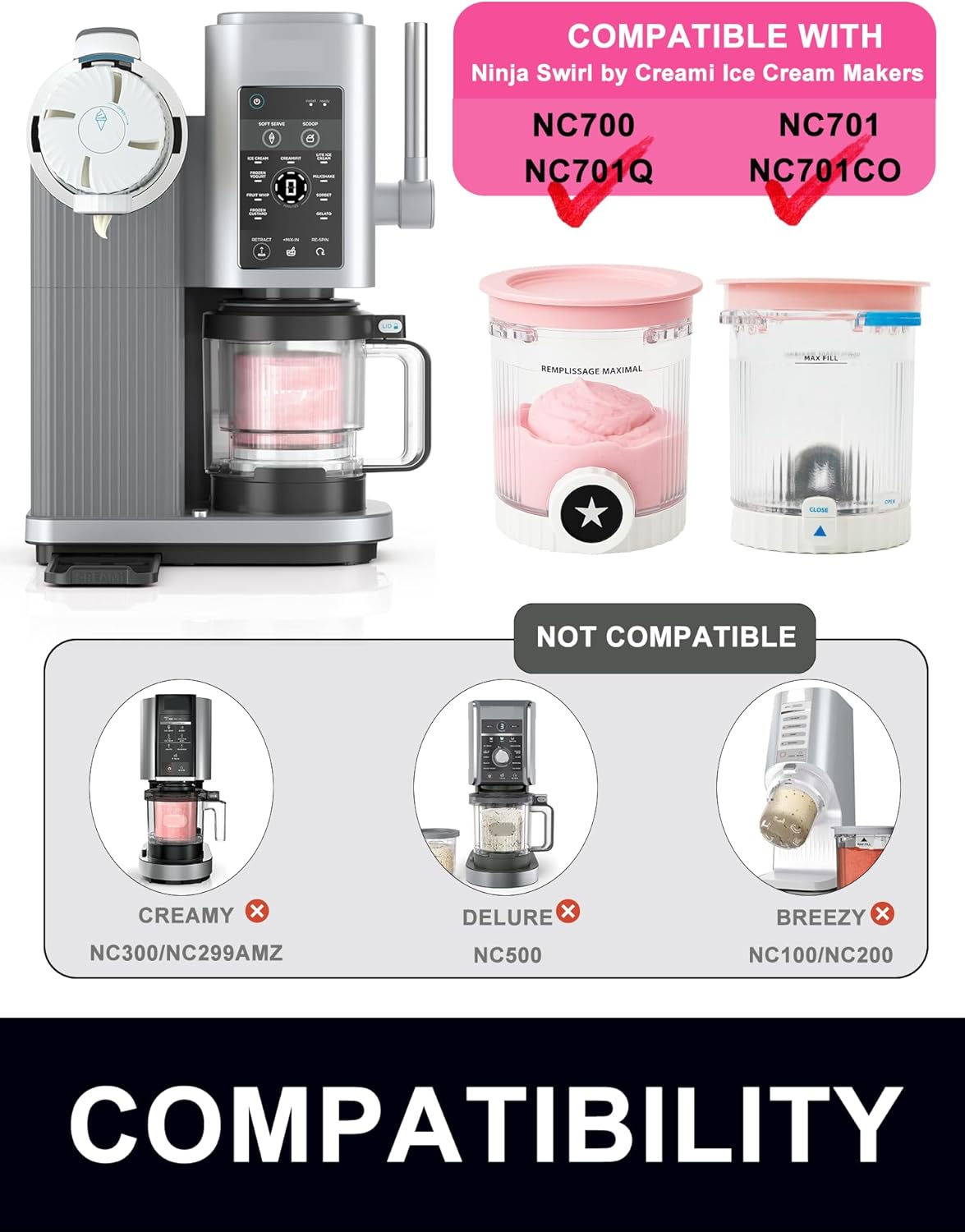 1 Pack Pint Container Replacement for Ninja Creami Swirl NC700/NC701 Series, 16oz BPA-Free Ice Cream Pints with Lids, Leak-Proof & Dishwasher Safe (Grey)