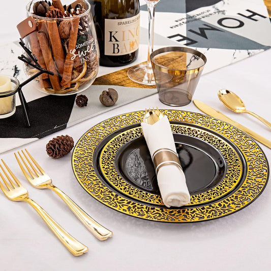 NOCCUR 210pcs Black and Gold Dinnerware Set - Black Disposable Plates and Napkins Party Supplies Include 60 Dinner/Dessert Plates, 30 Prerolled Plastic Cutlery&30 Cups for Party, Birthday, Halloween