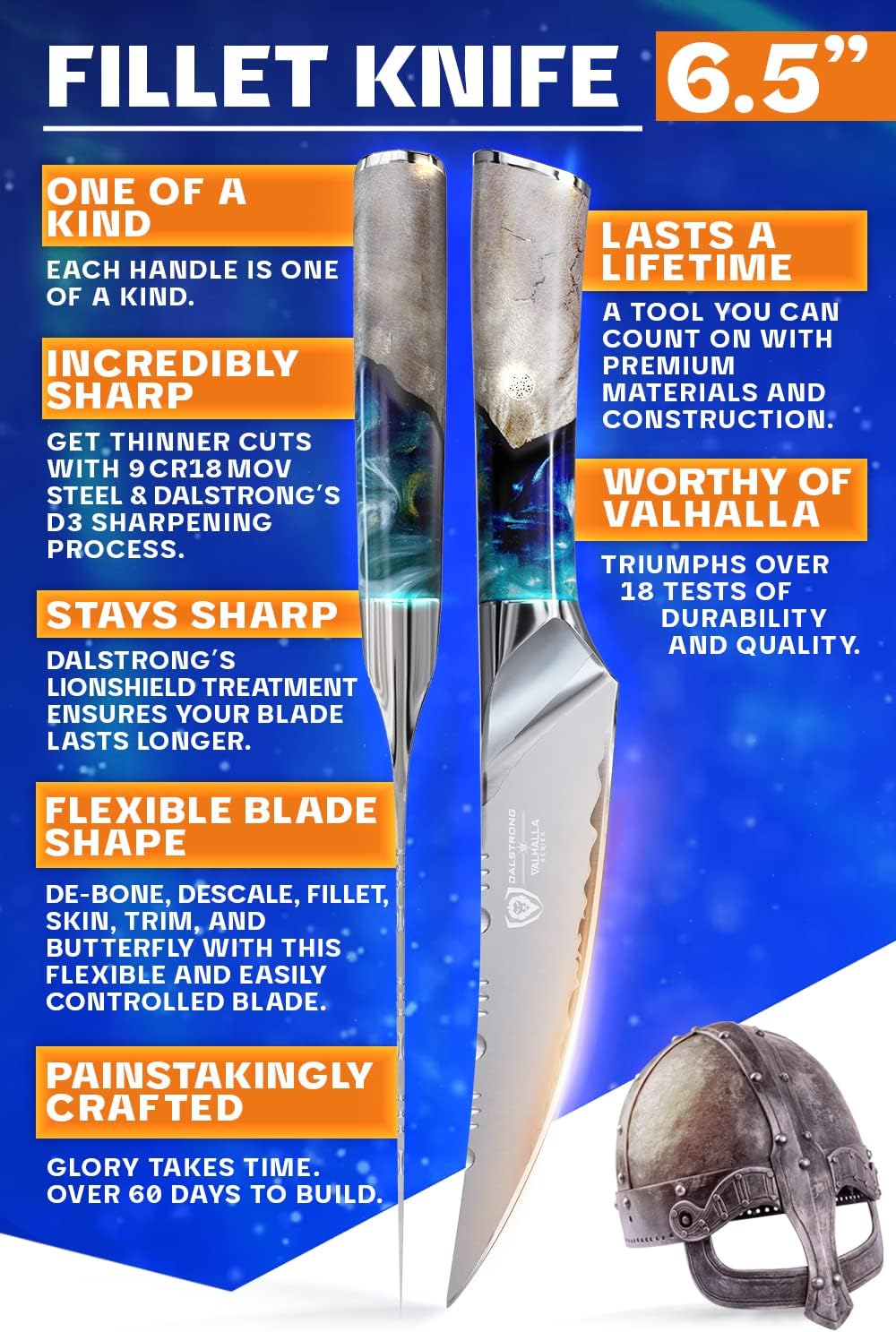 Dalstrong Fillet Knife - 6.5 inch - Valhalla Series - 9CR18MOV HC Steel - Celestial Resin & Wood Handle Gift Kitchen Knife - Meat Cutting, Carving, Bone, Deboning, Boning - Leather Sheath