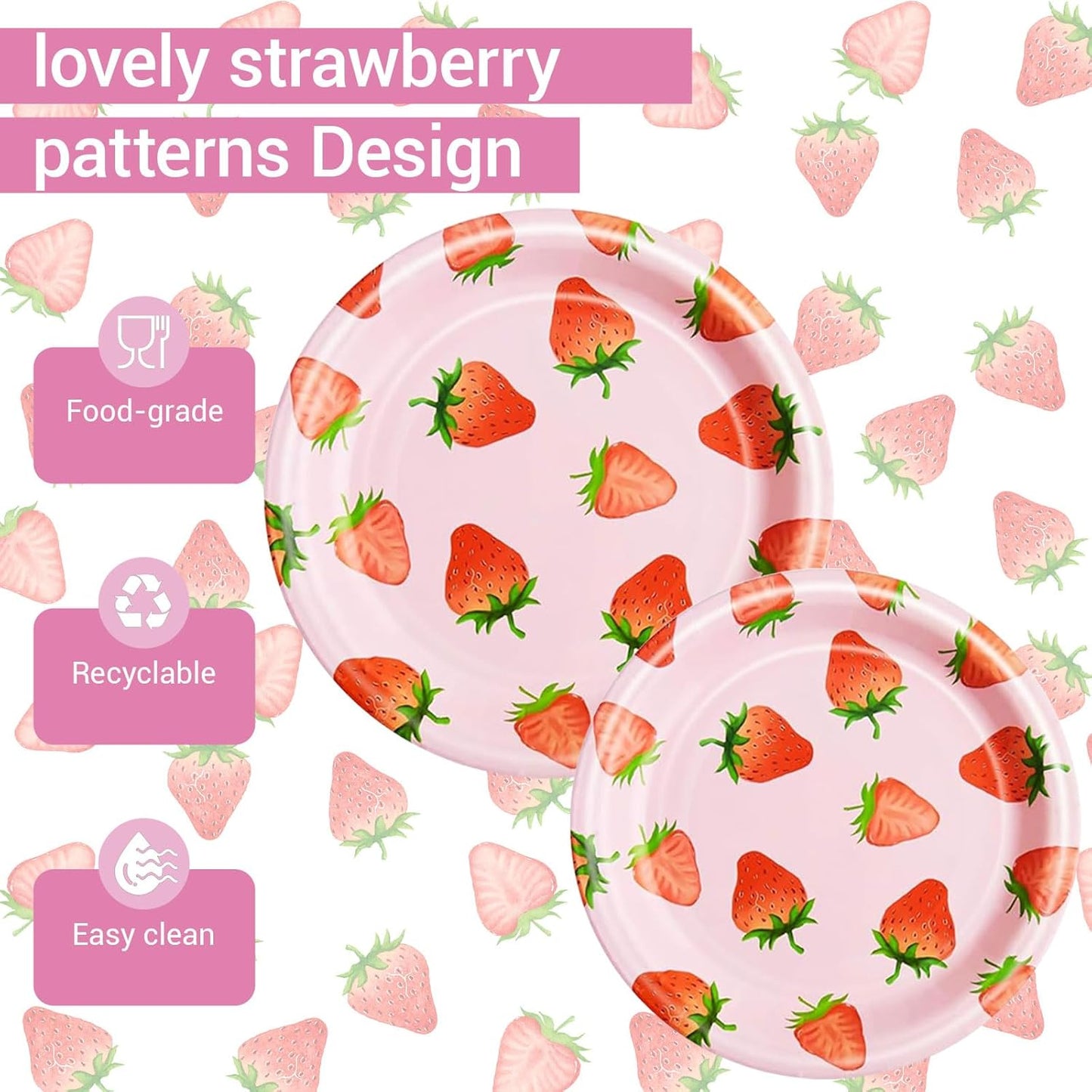 DTDO 96 Pcs Strawberry Tableware Set Disposable Paper Plates Napkins and Forks Fruit Party Decoration Strawberry Themed Birthday Dinnerware for Girls Birthday Decorations, Serves 24