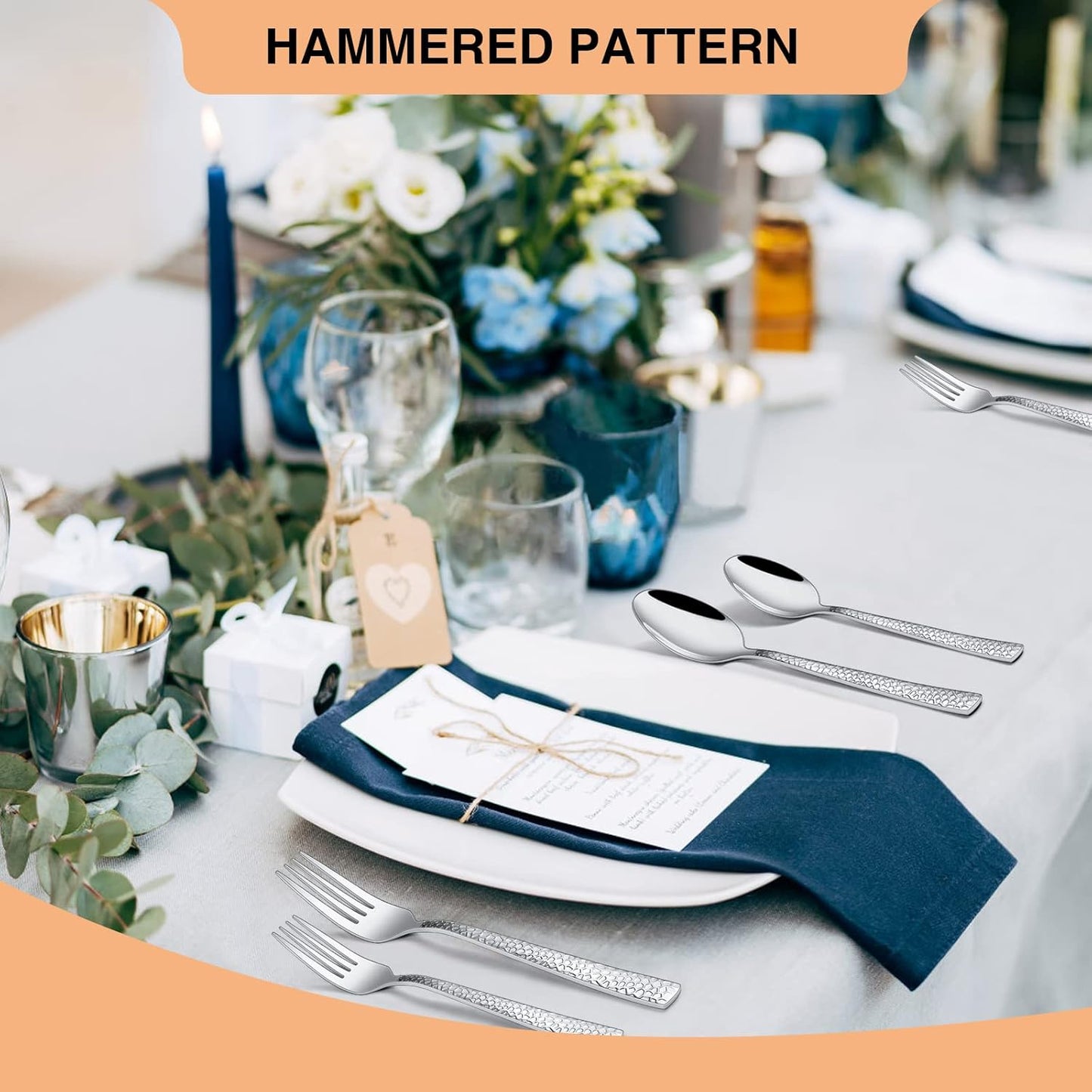 Hammered Silverware Set, 60 Pieces Stainless Steel Square Flatware Set for 12, Mirror Polished Tableware Cutlery Set for Home Kitchen Restaurant, Kitchen Utensils Set, Modern Design, Dishwasher Safe