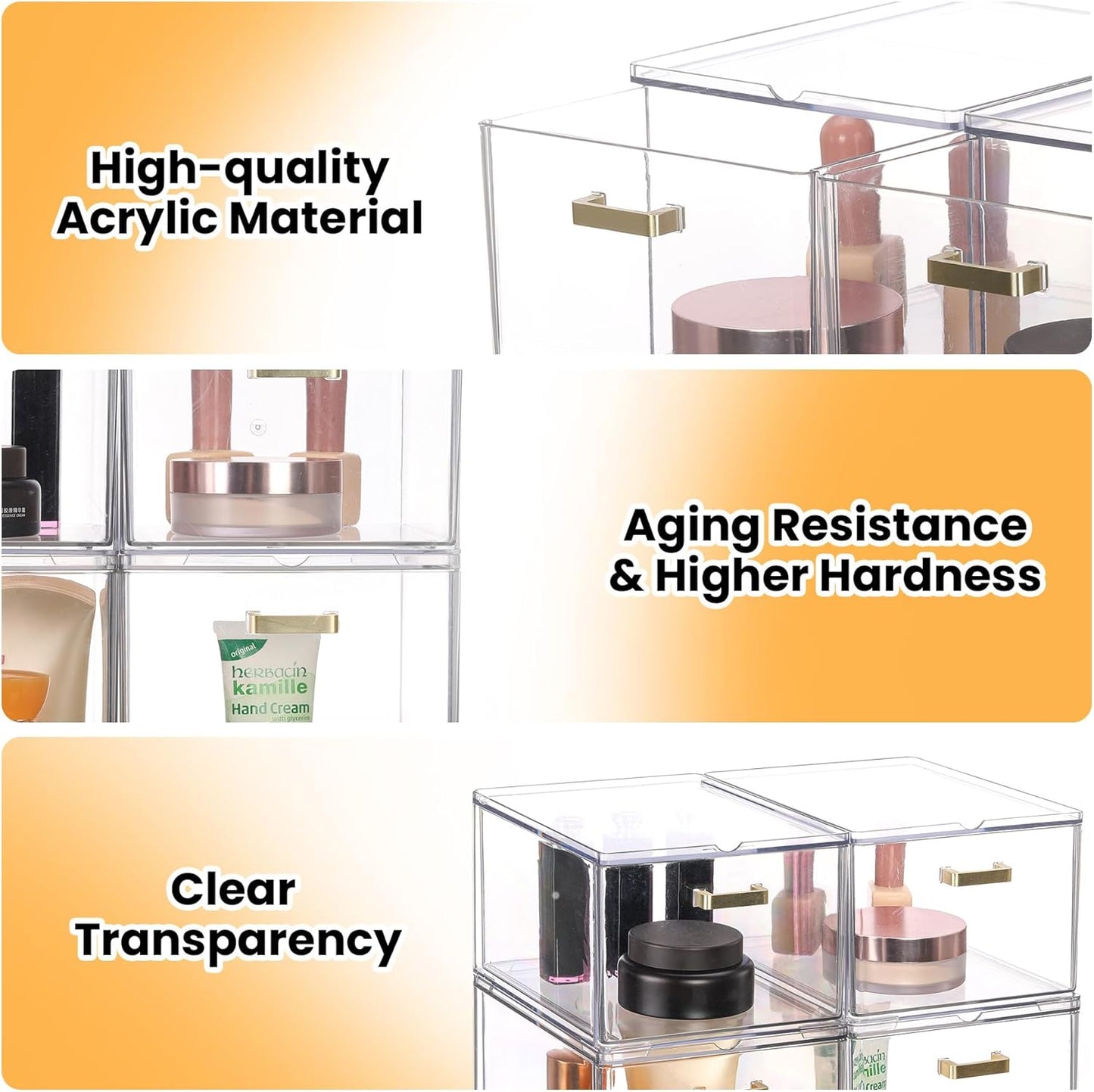 4 Pack Plastic Storage Bins, Acrylic Bathroom Makeup Organizer with Handle, Clear Small Stackable Storage Drawers for Vanity, Home, Kitchen Cabinet, Pantry, UnderSink Organization(6.7"D x 10.6" x 8"H)