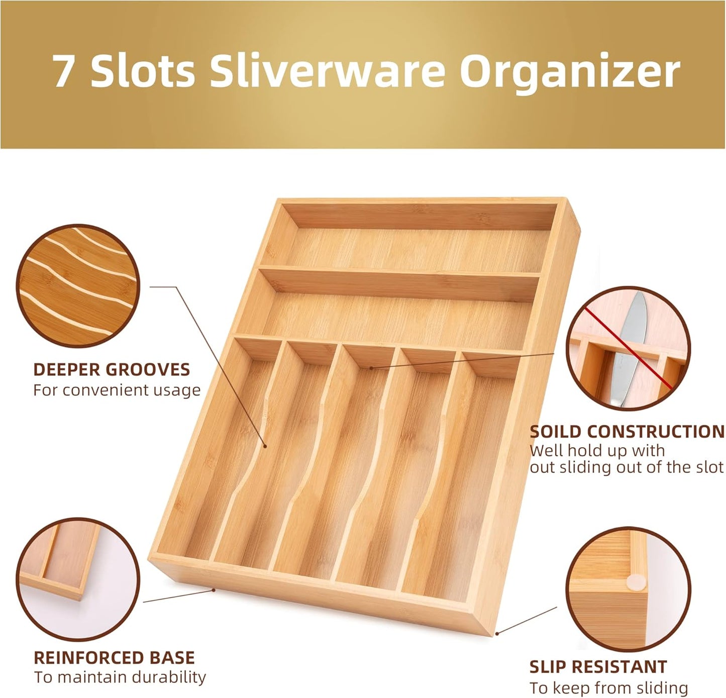Bamboo Kitchen DrawerOrganizer, 13 Inch Silverware Organizer with Extra-deep Grooved Divider, 7 Slots Pure Bamboo Wood Caddy for Flatware Cutlery Knives, Forks, Spoons