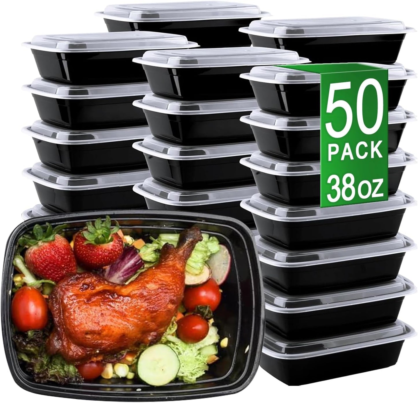 Meal Prep Containers, 50 Pack 38oz (100-Piece) Disposable Take Out Food Storage Containers with Leakproof Lids, Large Plastic To Go Lunch Boxes, BPA Free, Microwave/Dishwasher/Freezer Safe