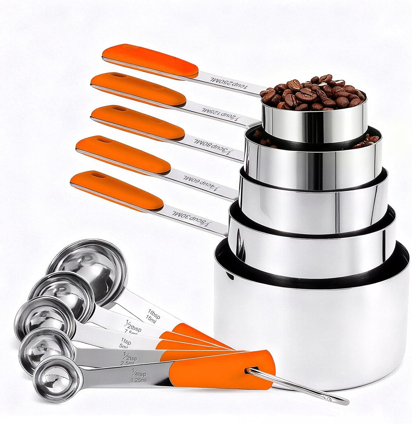 Measuring Cups and Spoons Set, Stainless Steel 10 Piece for Cooking and Baking (5 Cups + 5 Spoons, Orange Handle)
