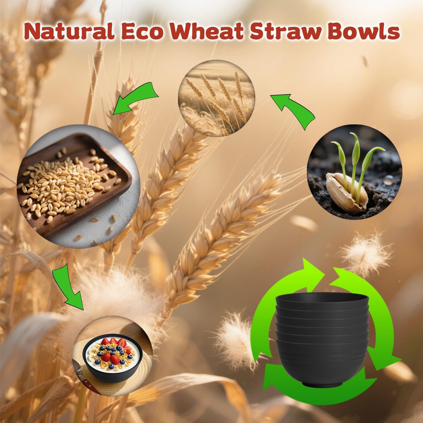 Wrova Wheat Straw Camping Bowls Sets of 6,Unbreakable 26oz Lightweight Bowls Sets for Outdoors Activity,Breakfast Bowls for Cereal and Salad.Black Series