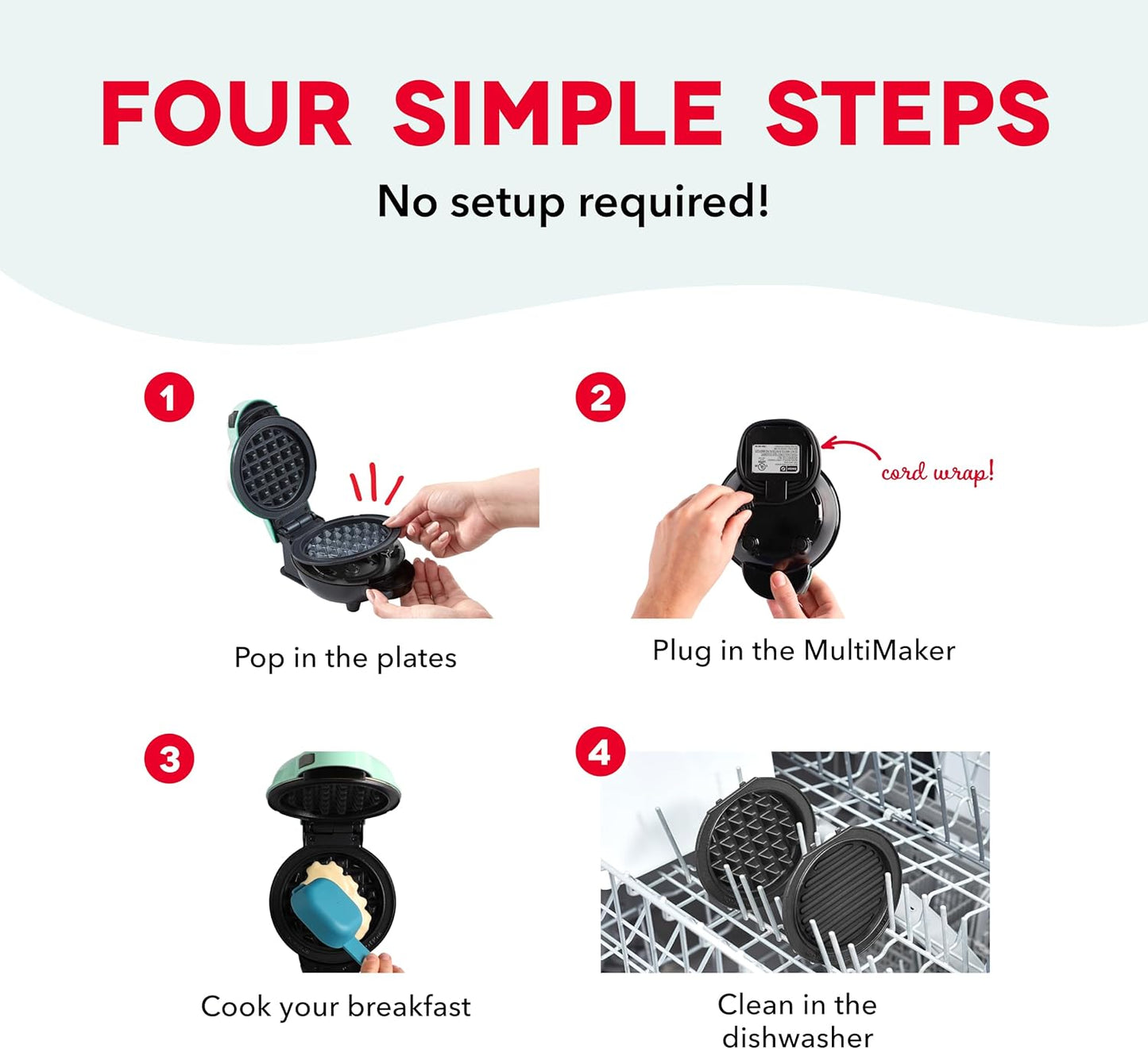 DASH Multimaker Mini System - Waffle Maker with Five 4” Removable Plates: Waffle Iron & Griddle, 3-in-1 Mini Waffle Maker for Kids and Families – Nonstick Surface, Just Add Batter (Red)