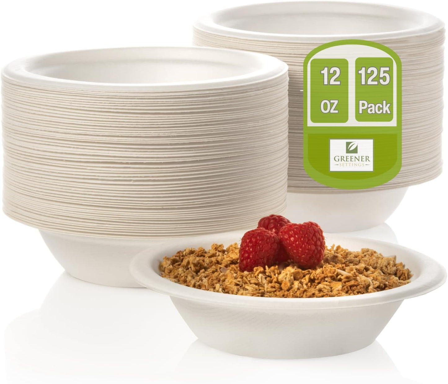 12 oz Compostable Paper Bowls - Heavy Duty Sugarcane, Biodegradable, Microwave & Leak-Resistant, 125 Count